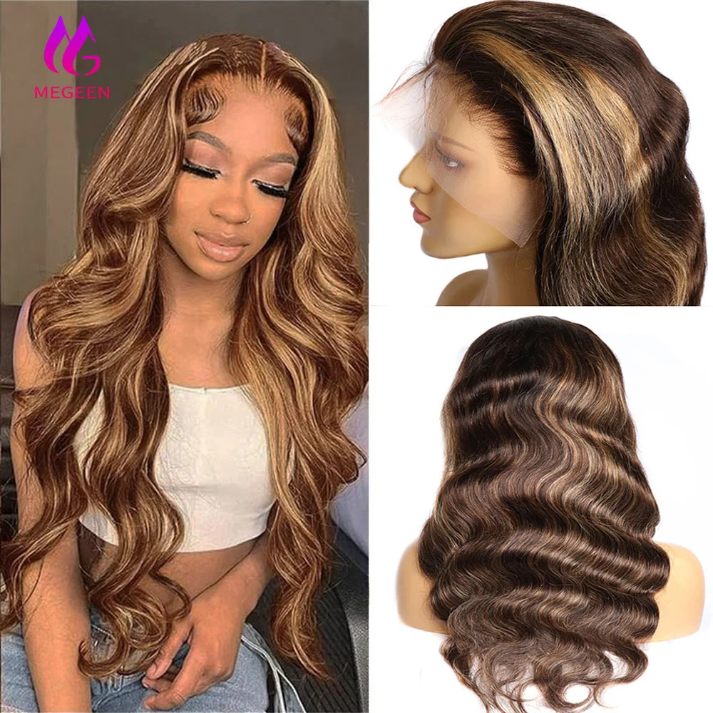 

Megeen 100% Human Hair Highlight Body Wave 13X4 Lace Front Wig Human Hair Pre Plucked P4/27 Colored Honey Blonde Lace Front Wig