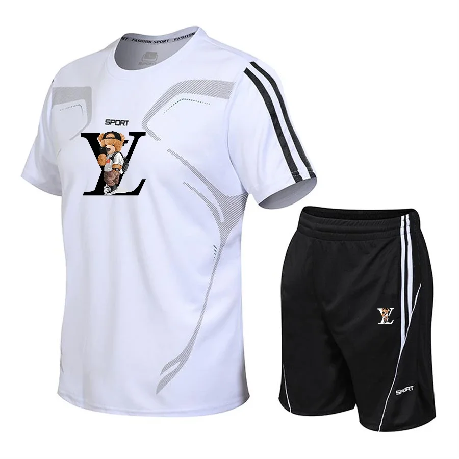 2025 Summer men's sports fitness running set Casual quick drying round neck short-sleeved T-shirt + shorts two-piece set