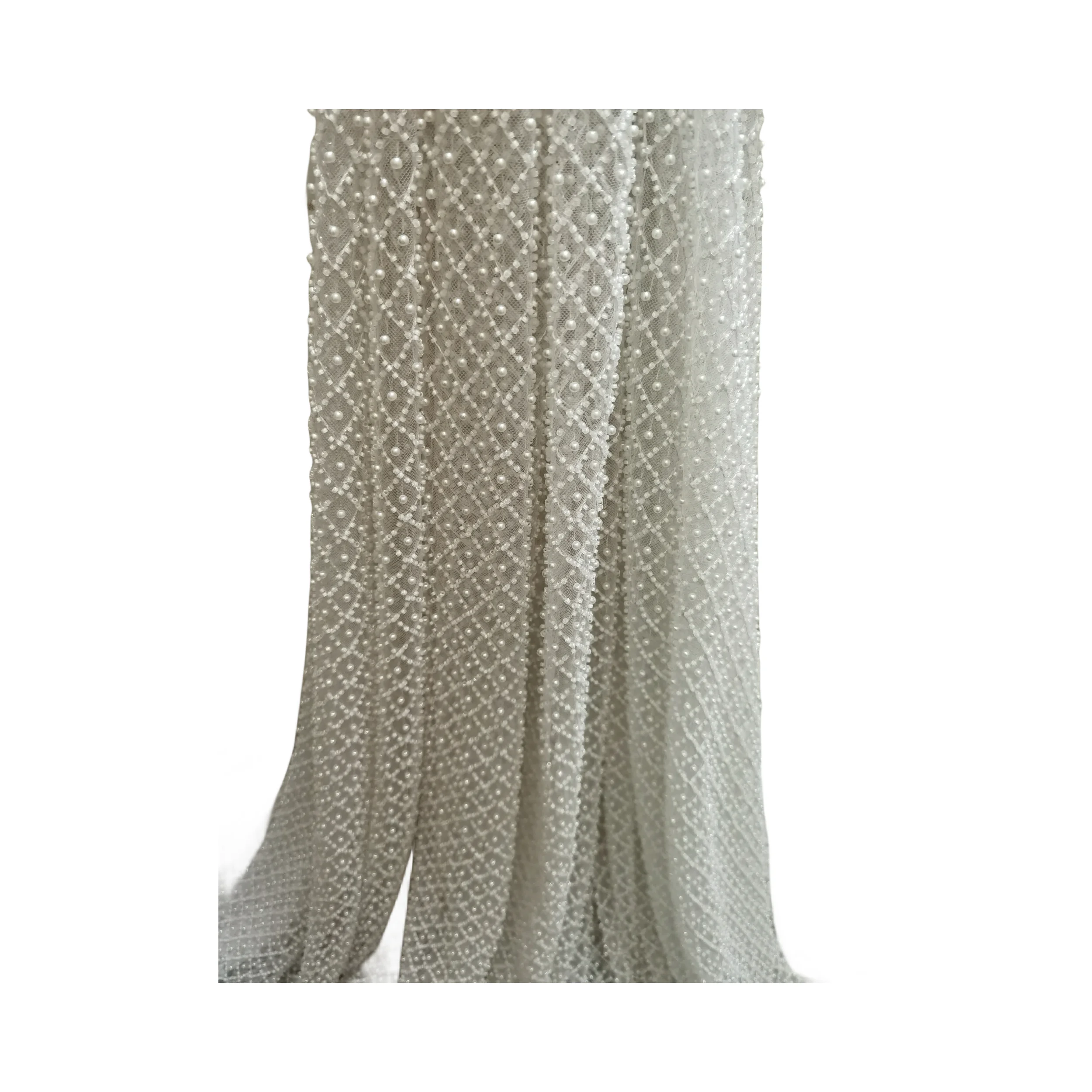 High Quality White Color Heavy Material French Nigerian Shinny Sequins Beads Lace Fabric Embroidered Lady Show or Party Dress