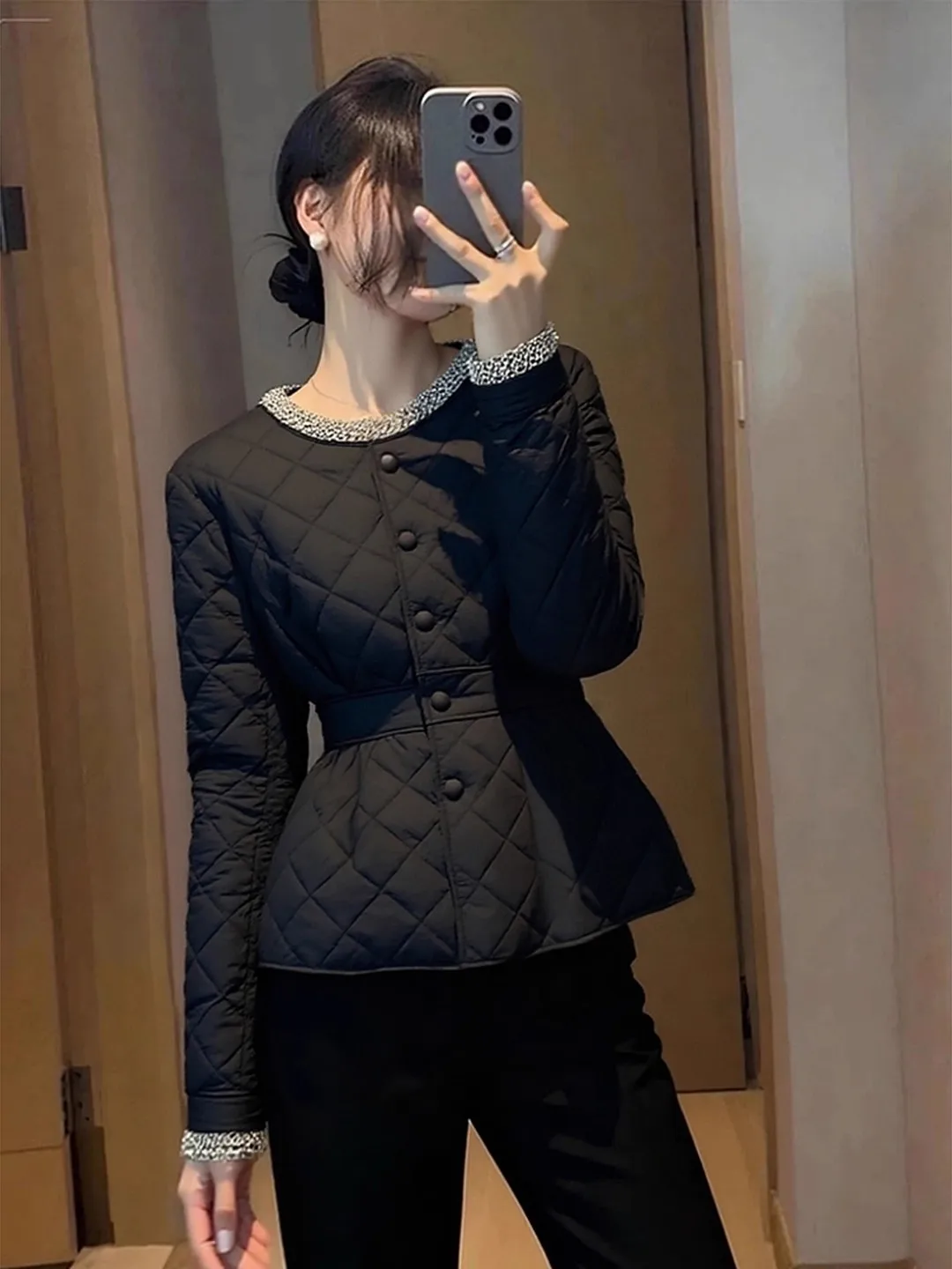 

Slimming Thiened Women's Cotton Jaet Beautiful Unique Personali High-End Bla Diamond Pattern Meat Conceal Thin Outerwear