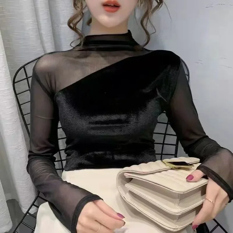 2024 Autumn Spliced lace Bottoming Shirt for Women Gold Velvet Long-sleeved Thin Half Turtleneck Chiffon Bottoming Top