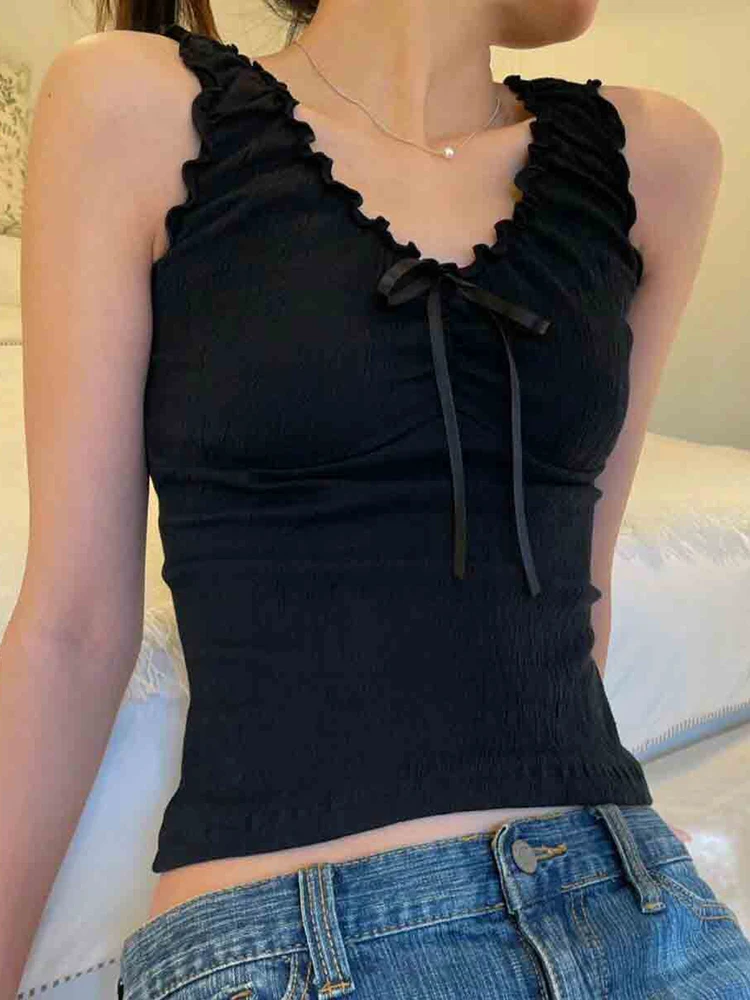 Vintage Ruffles V Neck Tank Tops Women Summer Retro Solid Sleeveless Slim Y2k Crop Top Female Sweet Cute Cotton Bow Vests 2023