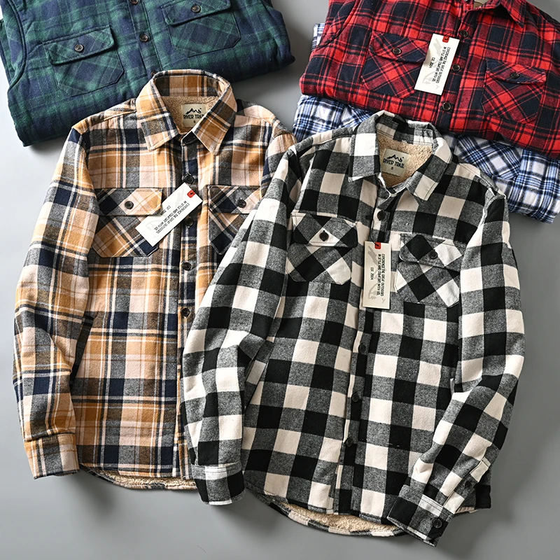 Autumn Winter Thick Warm Fleece Plaid Shirt Men Plus Velvet Long Sleeve Casual Lambs Cotton Clothing Jacket Work Shirt Outerwear