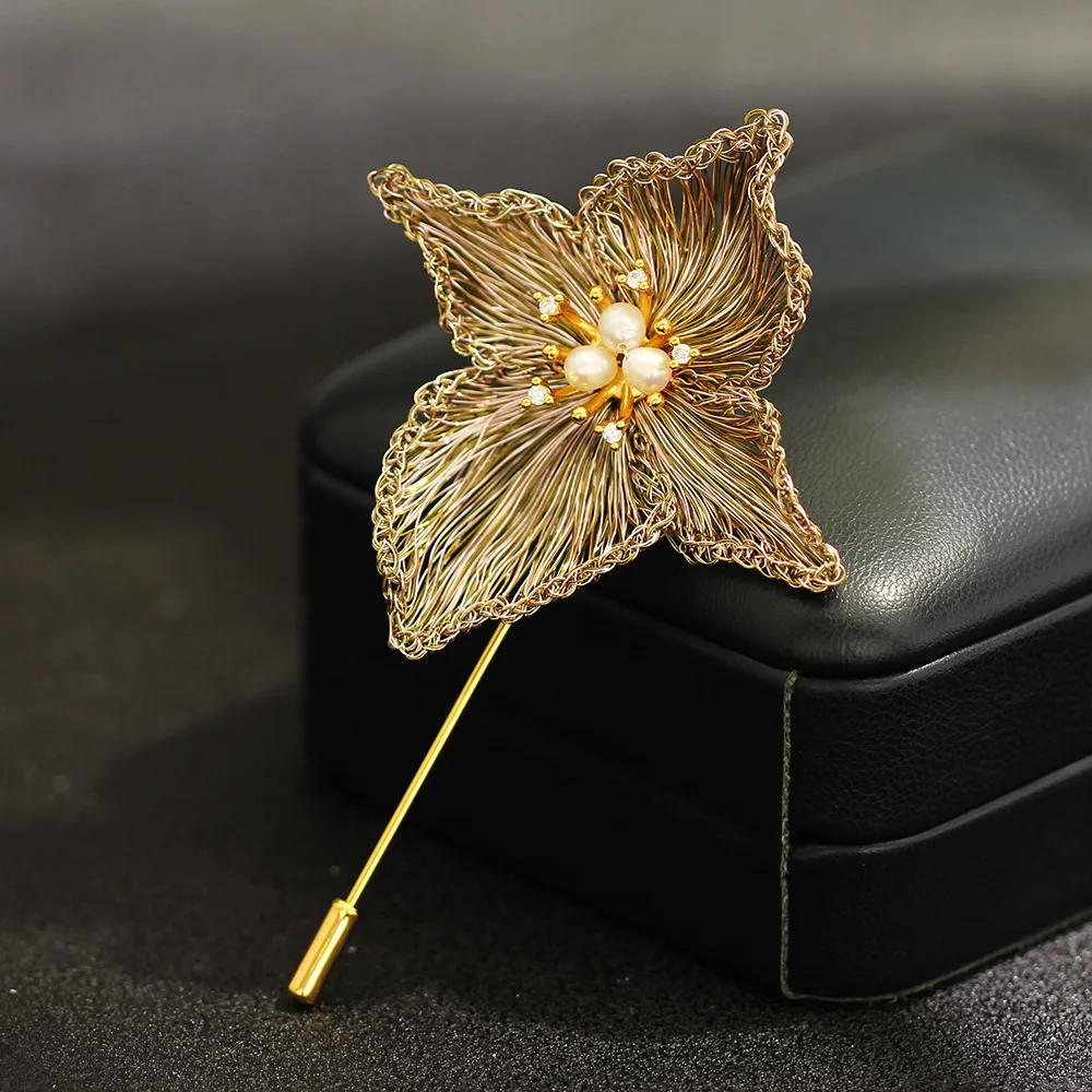 High-end Copper Wire Hook Flower Needle Pin Temperament Niche Natural Freshwater Pearl Brooch Accessory for Women