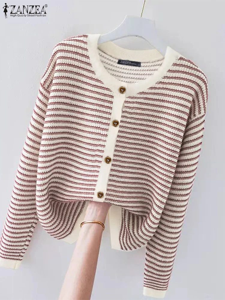 Women Stripe Printed Knit Tees ZANZEA Korean Fashion Color Contrast Tops Holiday Long Sleeve Buttons Decoreted Tunic Autumn Tops