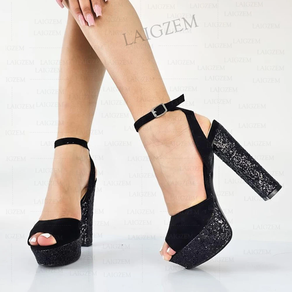LAIGZEM Women Platform Sandals Faux Suede + Glitter Thick High Heels Sandals Handmade Pumps Shoes Woman Large Size 38 43 50 52 image 2