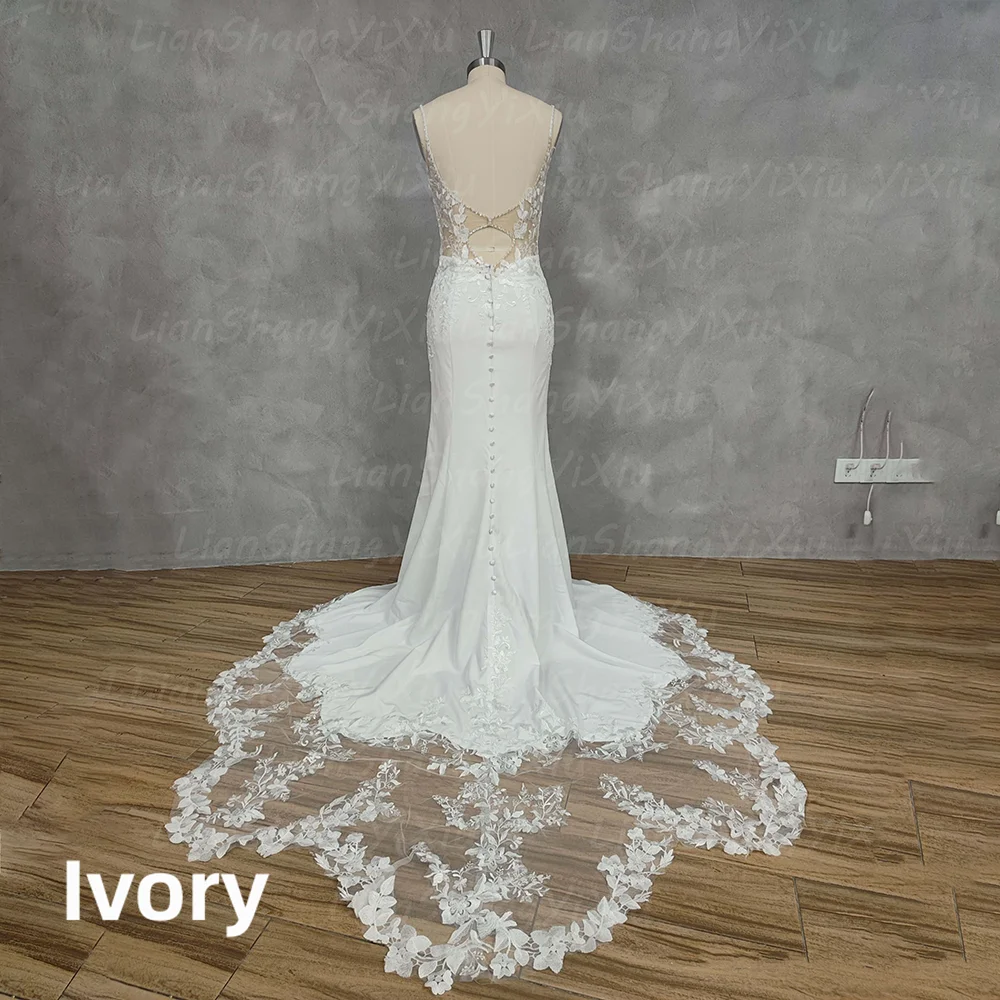 Elegant Mermaid Wedding Dress Spaghetti Straps Deep V Neck Lace Appliques Backless Buttons Chapel Train Satin Bridal Gown Custom