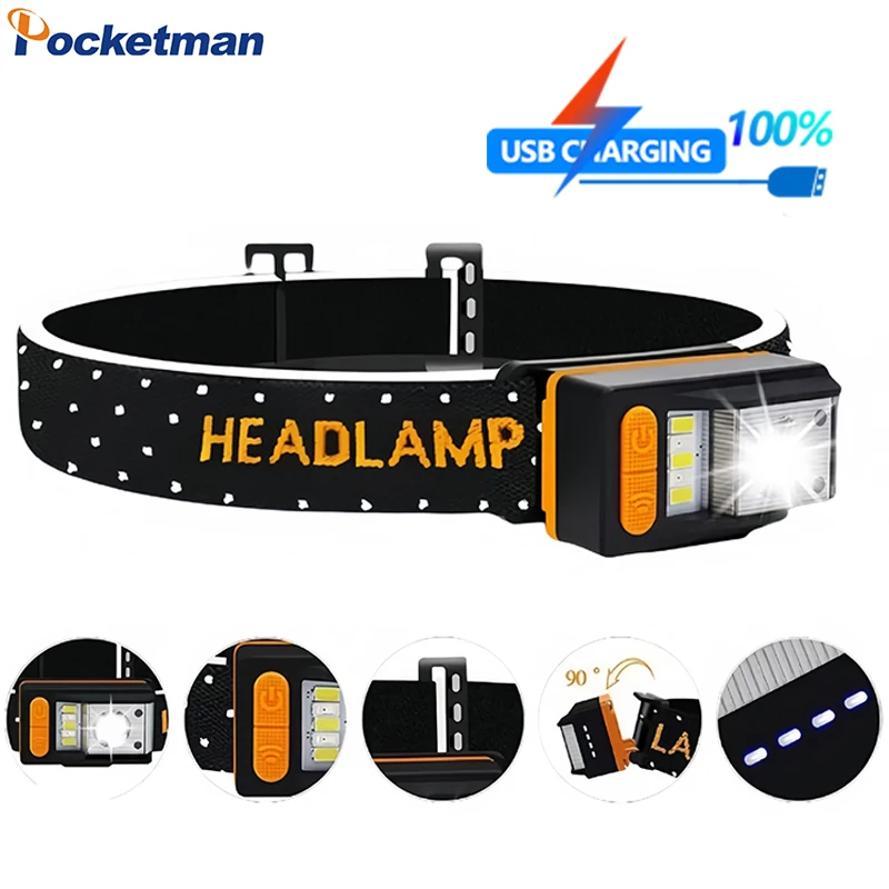 Wave Sensing Headlight LED Mini Smart Lightweight Headlamp Outdoor Running Night Fishing Red Warning USB Rechargeable Head Lamp