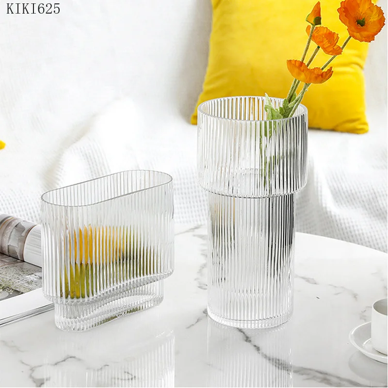 بسيط شفاف زجاج مخطط زهرية غرفة نوم تشكيلة زهور الحاويات المنزلية المائية زهرية الزفاف الفن ديكور المنزل