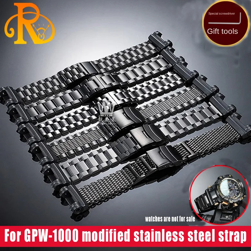 Solid Stainless Steel Watchband Strap for Casio GPW-1000 GPW 1000 Modified Fine steel metal strap Men's watch accessorie