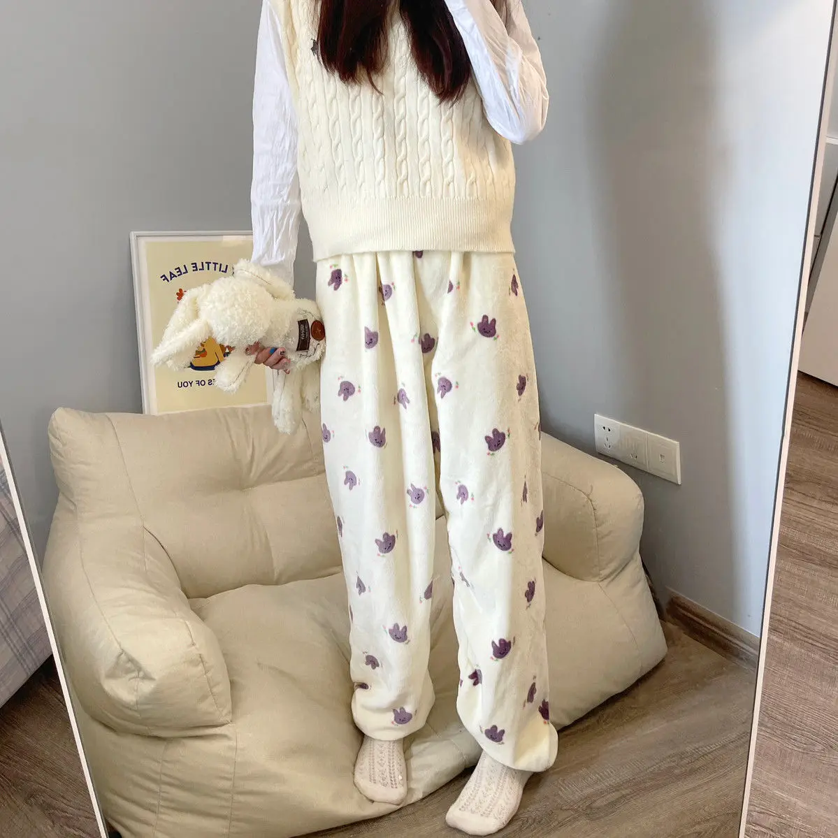 

Kawaii Animal Rabbit Pajamas Pants Flannel Women Before Christmas Casual Plush Pants Winter Girl Sleeping Trousers Gift Pijama