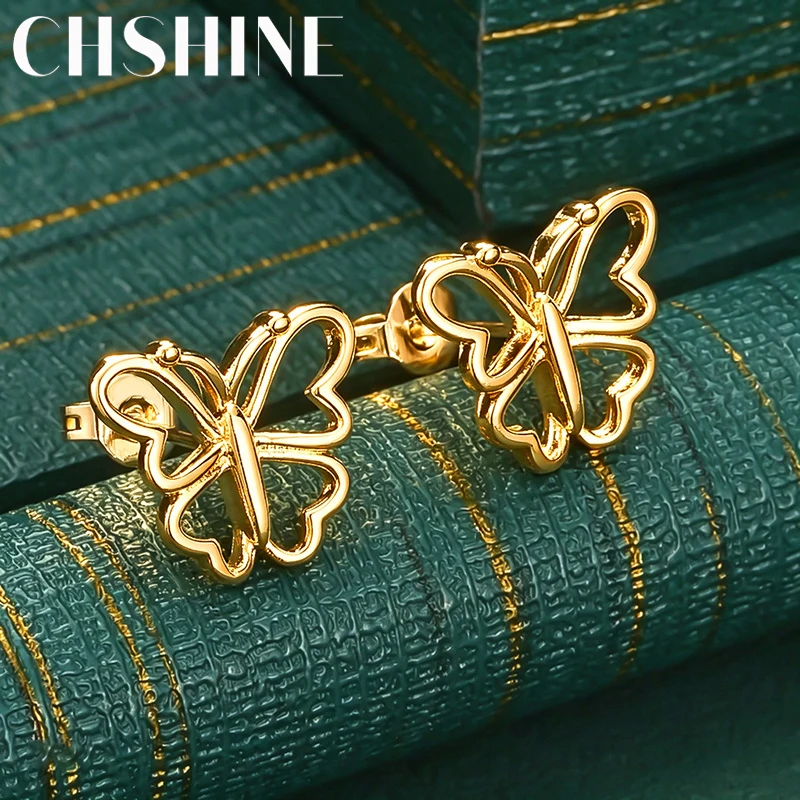 925 Sterling Silver 18K Gold Hollow Butterfly Stud Earrings for Women Fashion Wedding Party Jewelry