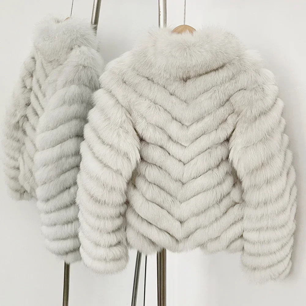 OFTBUY Neue Herbst-Winter-Oberbekleidung für Damen, Wendbare Stehkragen-Jacke aus echtem Fuchsfell, Chevron-Schnitt, kurze, abgeschnittene Naturpelzjacke – Detail 25