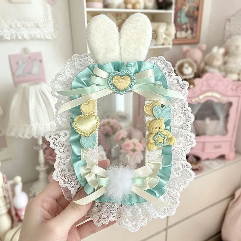 Handmade Plush Bunny Ear Pom‑pom Lace Satin Photocard Holder,3 Inch Clear PVC Sleeve for Idol Card,Anime Card,3‑inch Photo,Collectible Card Protective Display Shell,Fandom Decorative Photocard Case