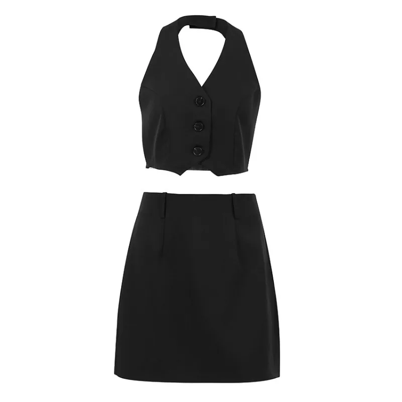 2024 Summer Workplace Women's Fashion Black Halter Vest & Skirt Set Temperament Commuting Two Piece Women Elegant Skirts Outfits