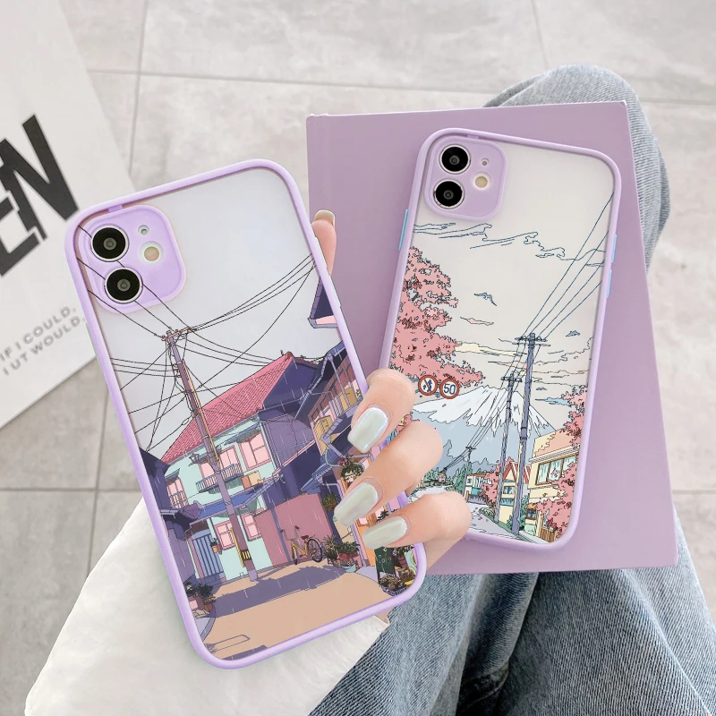 Japanese Anime Hand Painted House scenery Phone Case For iPhone 16 15 14 13 12 11 Pro Max X XR XS Max 16 7 8 Plus SE Matte Cover