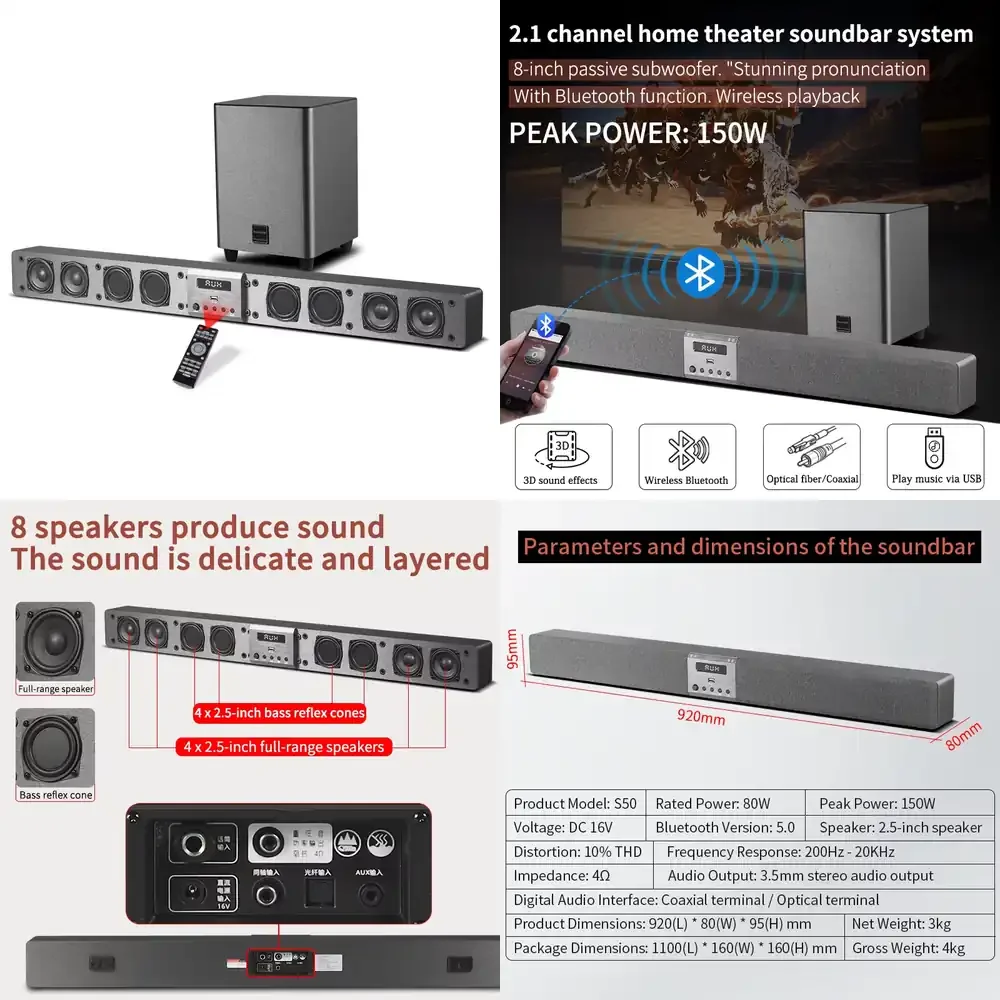 2.1 Channel Home Theater Sound bar with Subwoofer, Support Coaxial, AUX, USB,BT Function Living Room TV Speaker System