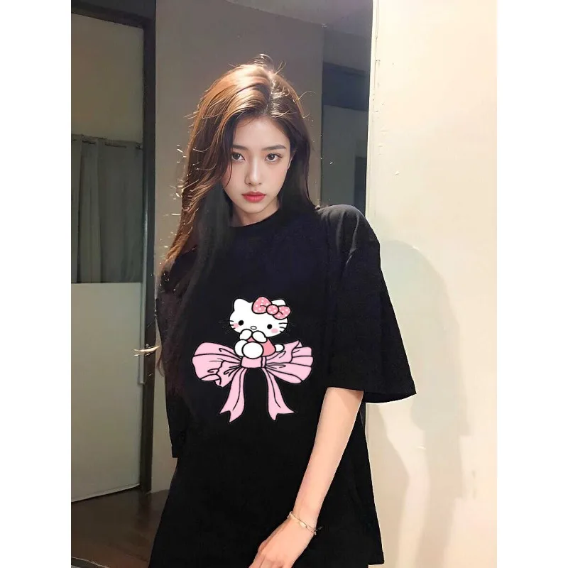 

Tie Kitty, женская летняя футболка с короткими рукавами и 3D-принтом Hello Kitty, свободный и универсальный быстросохнущий топ, модный