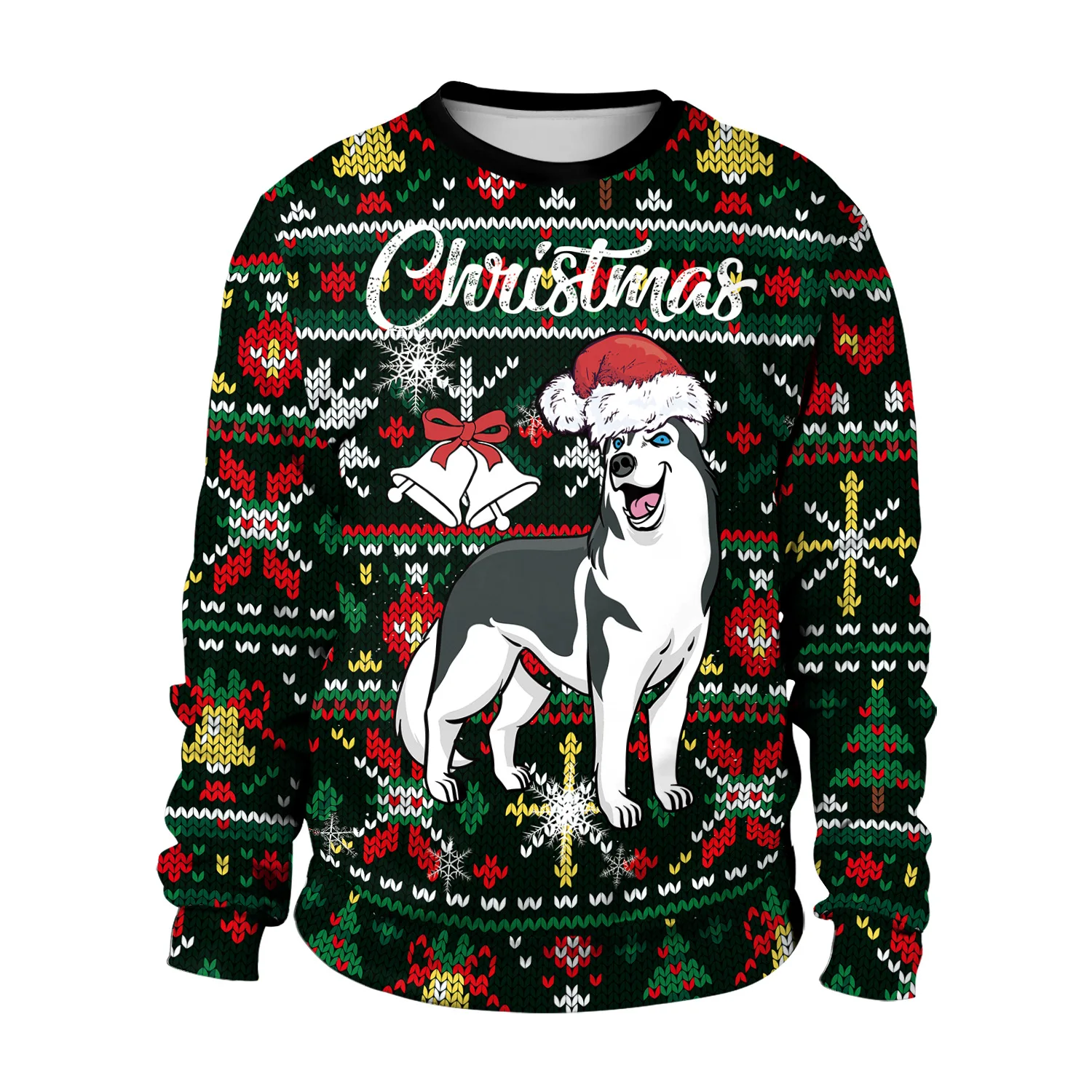 Men Women Holiday Party Sweatshirt 3D Christmas Dog Snowfalkes Bell Tree Print Xmas Jumper Tops Pullover Ugly Christmas Sweater