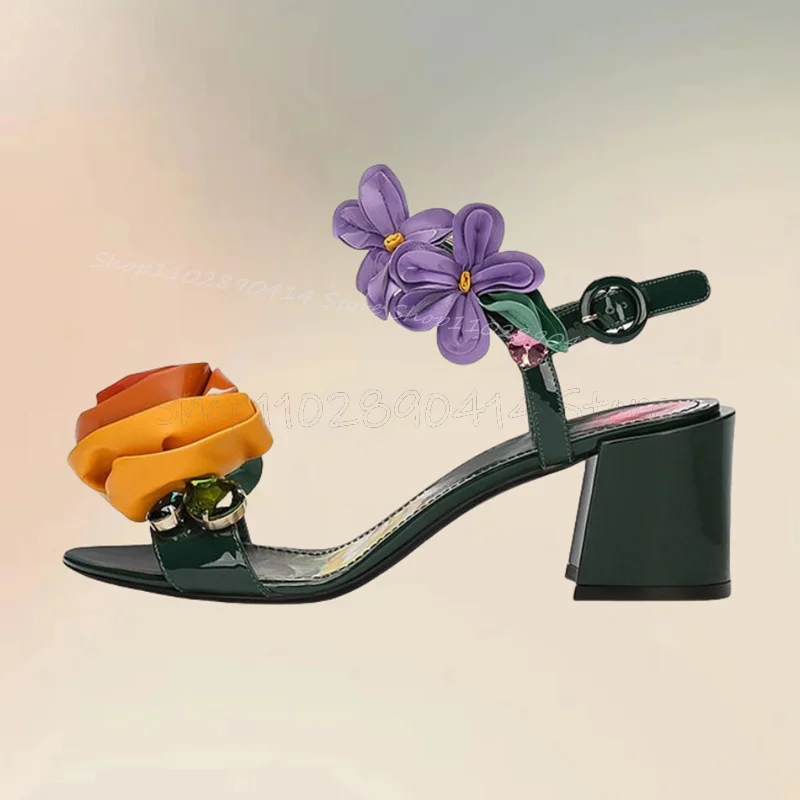 Colorful Appliques Decor Floral Print Sandals Ankle Buckle Strap Women Shoes Chunky High Heels Open Toe 2024 Zapatos Para Mujere