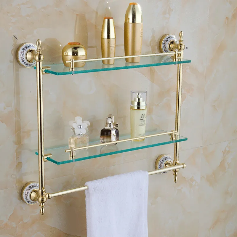 VidricShelves With Dual Tempered Glass Golden Finish Metal Material Wall Mounted Storage Shelf Towel Bar 54cm Hanger ST-6316