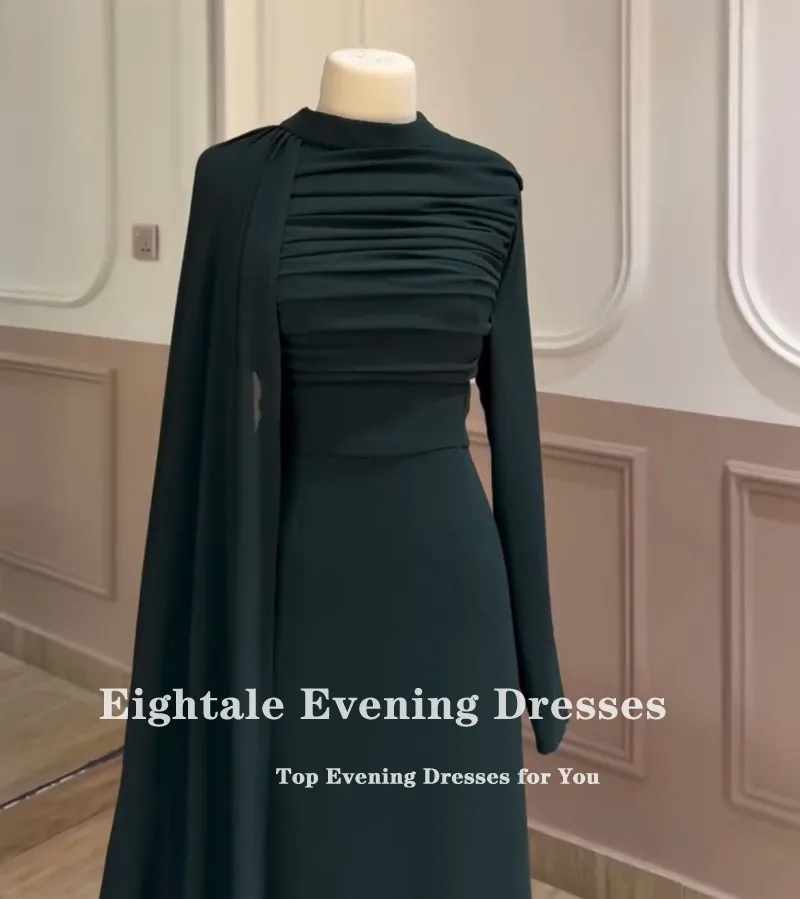 Eightale アラビア語イブニングドレス ハイネック プロムドレス カスタマイズされた長袖 キャップ ダークグリーン マーメイド ウェディング パーティードレス