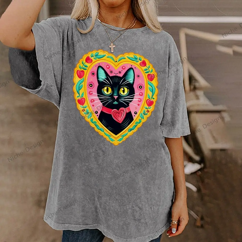 

Женская футболка Mirror Black Cat Love Heart Cute Code Y2k Одежда из чистого хлопка Высокое качество Мягкая новая футболка с короткими рукавами