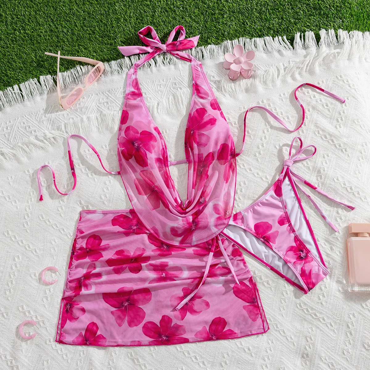 sexy pink flower print bikinis sets 3pcs with wrinkled mesh mini skirt wave swimwear bathing suit swimsuits tankini biquini