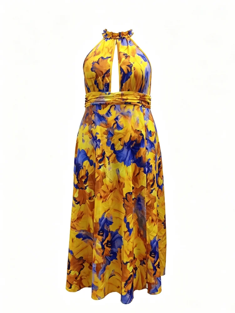 Plus-Size Damenkleid mit Print, schulterfrei, ärmellos, mit plissierter Taille und Schlitz, langes Kleid für Sommer-Strandpartys – Detail 7