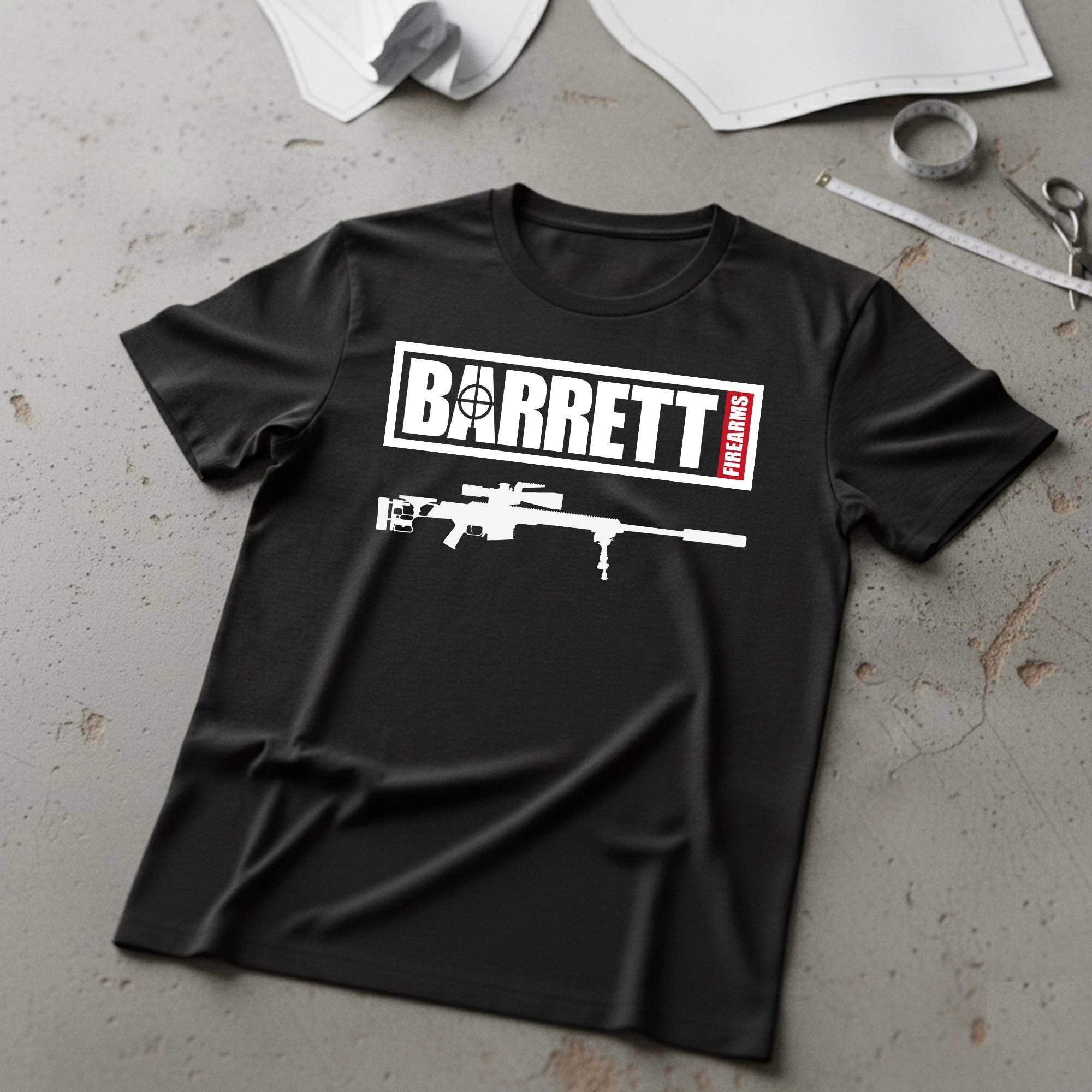 2026 New Oversized Unisex Streetwear T Shirt Tactical Rifle Silhouette Front Print Black Tee Box Text Logo Casual Tops