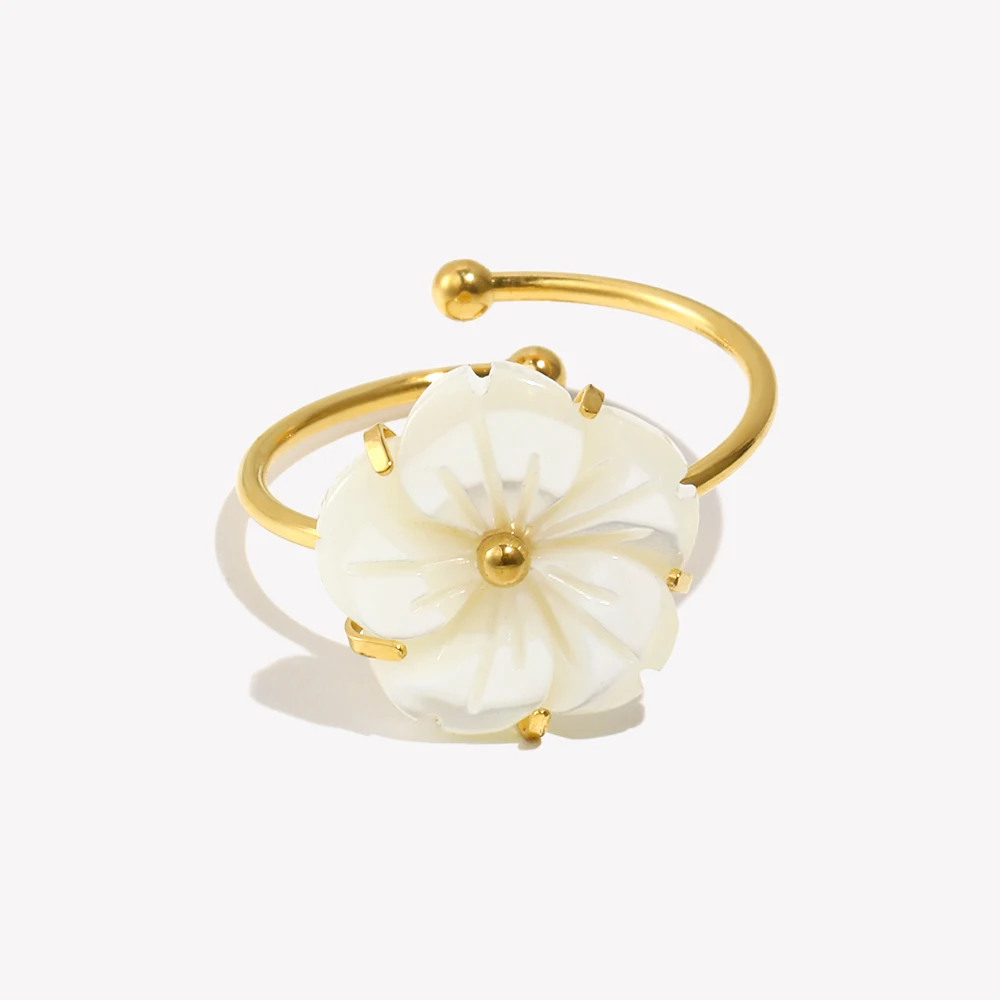 E.B.belle PVD مطلي أنيق الأبيض شل زهرة قابل للتعديل خواتم الفولاذ المقاوم للصدأ النساء حفلة عطلة بيان مجوهرات