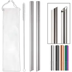 Reusable Boba Straws Set 12mm Wide Stainless Steel Metal Straws for Bubble Tea Tapioca Pearl Milkshakes Smoothies