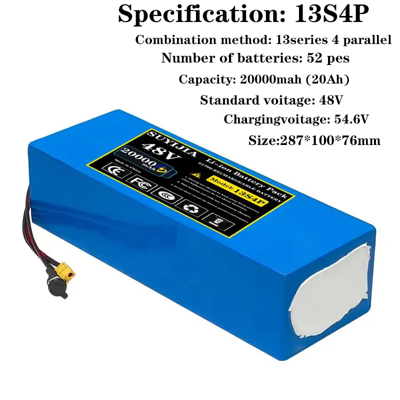 48V 20000mAh 13s4p 21700 high power rechargeable lithium battery pack 800w 1000w 1200w 1440w built-in 30A BMS protection