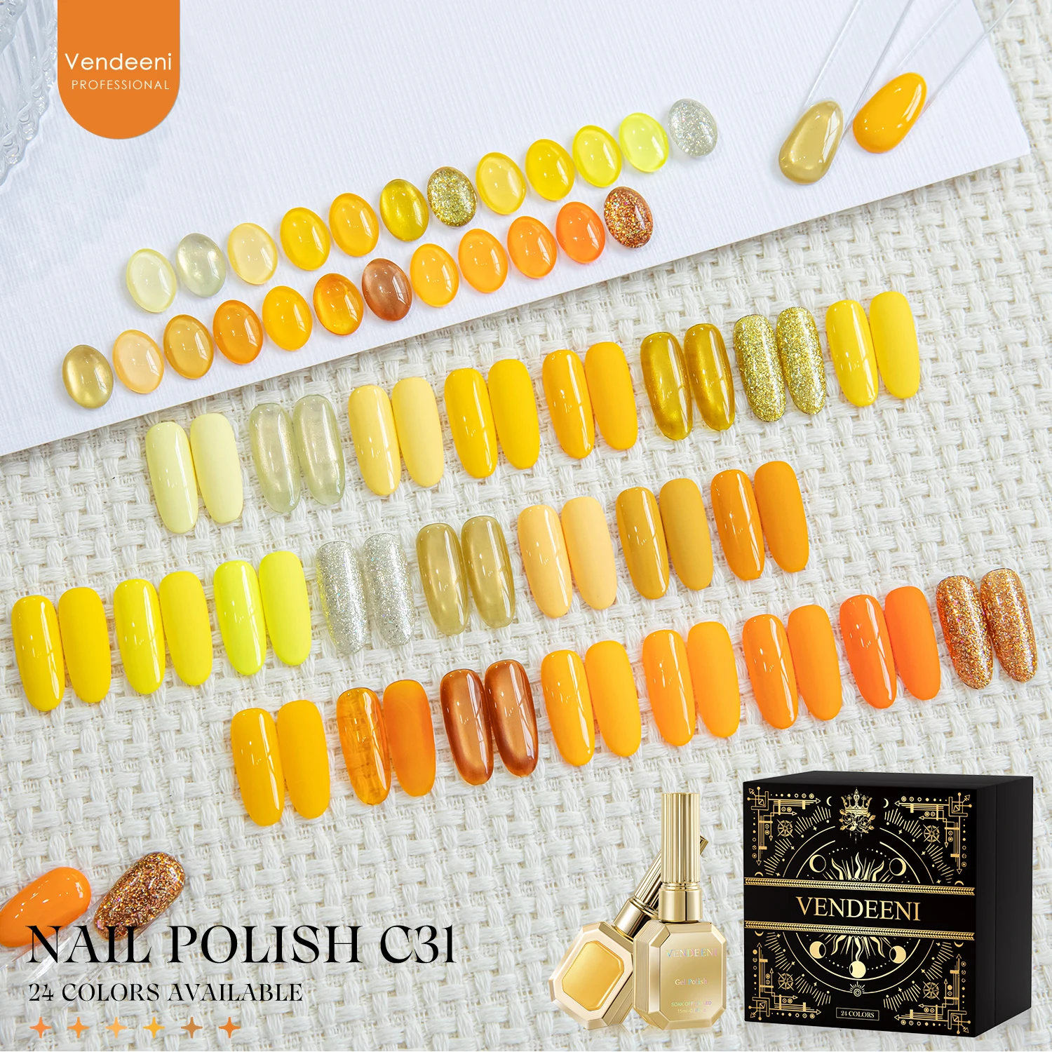 Vendeeni 24 Colors/Set Fall Orange Yellow Gel Nail Polish UV Soak Off Gel Varnish Gold Glitter Cat Eye Gel Lacquer With Display