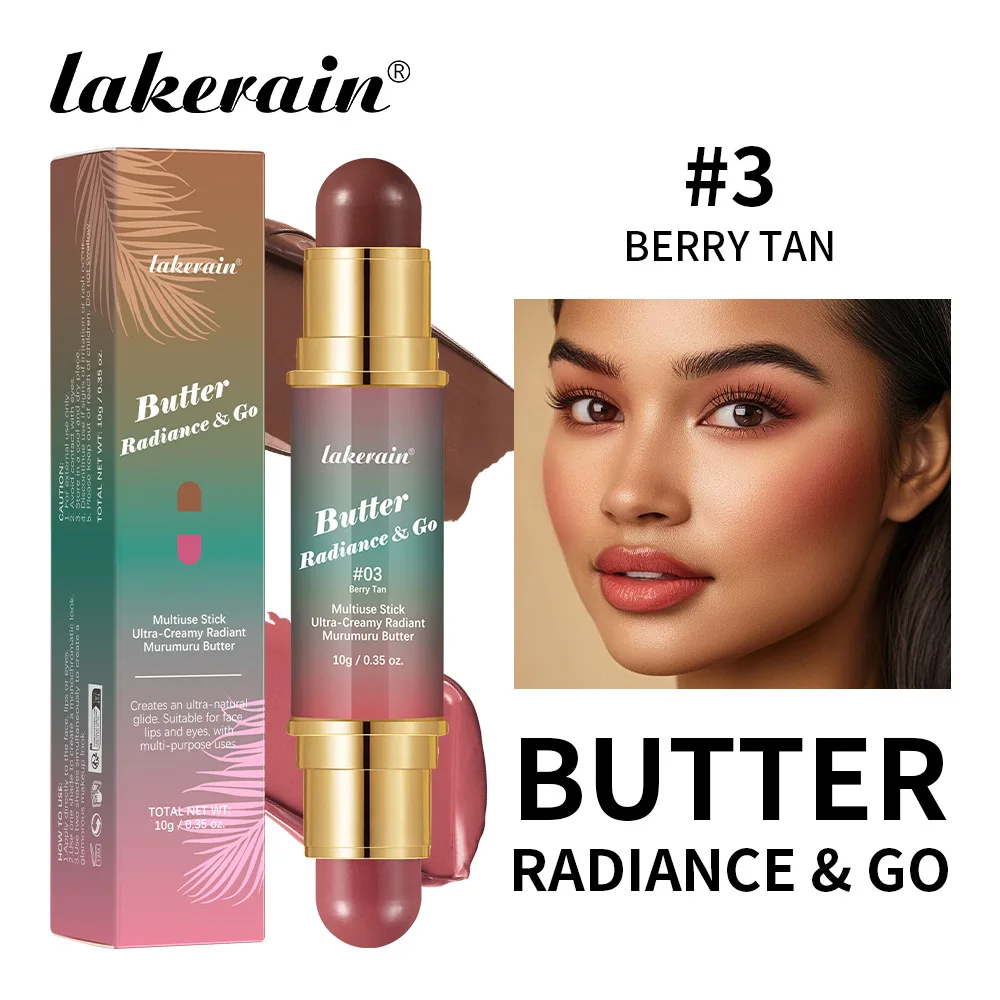 Lakerain Butter Radiance Bastone per trucco viso multiuso Guance Contorno Bastone a doppia testa Durata Labbra setose naturali Occhi 4 in 1