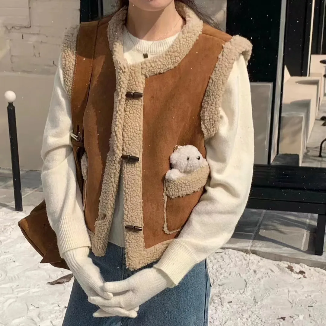 

Женский жилет Jaet Retro Sle из натуральной кожи с мехом, милый возрастной топ на пуговицах, универсальная одежда для поездок на работу, китайское производство