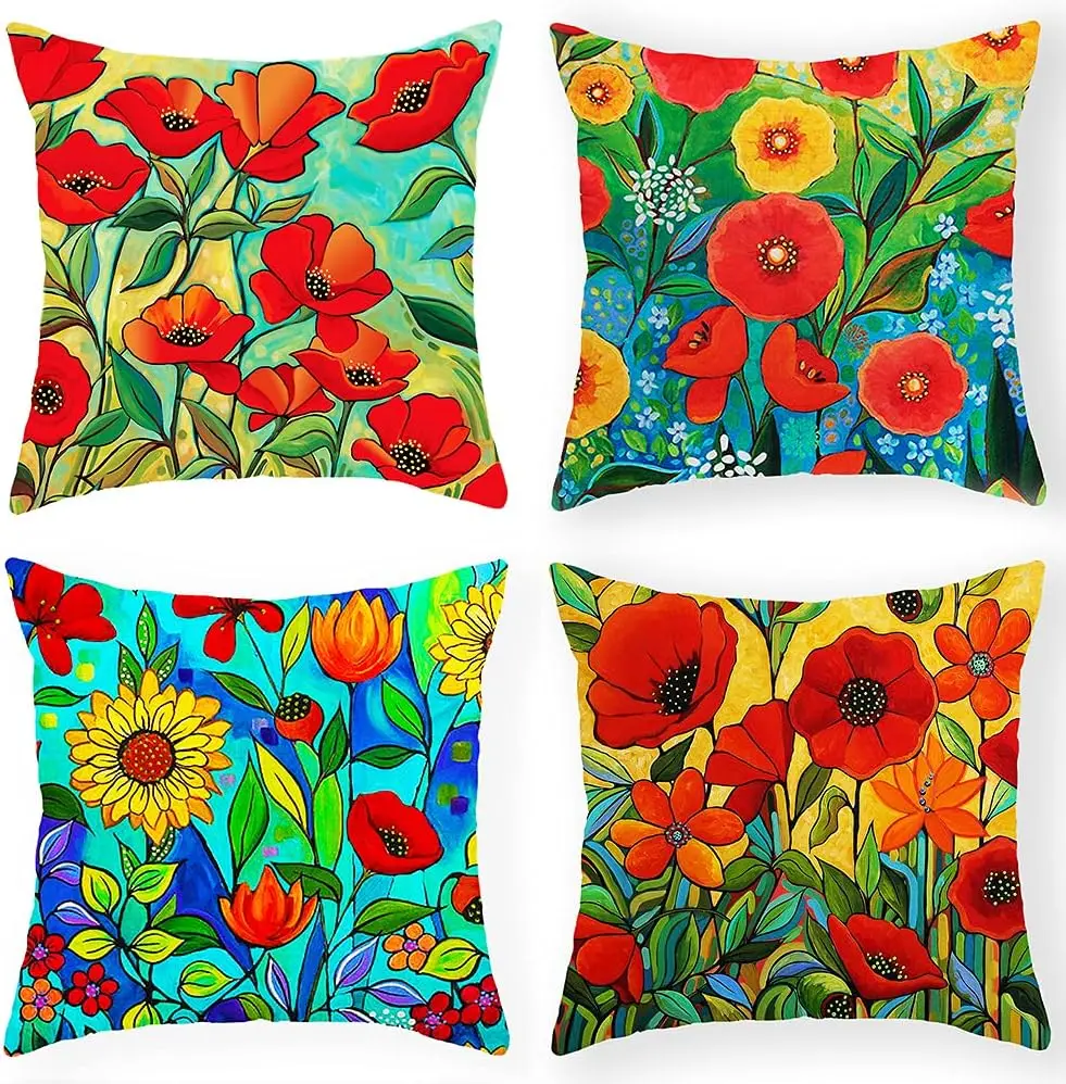 Cartoon Flower Pattern Cushion Cover Decorative Pillow Cover 40x 40 4 Pack  Autumn home decorations