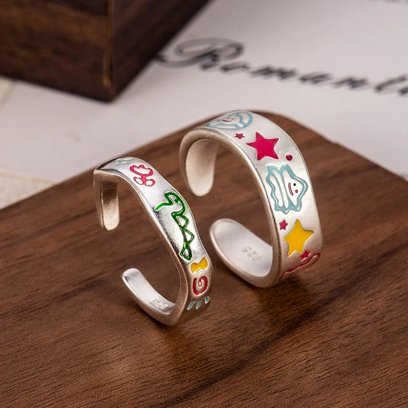 Cute Graffiti and Colorful Cartoon Ring Cool Open Size Finger Jewelry for Women Men Unisex Design Light Luxury Engagement Rings
