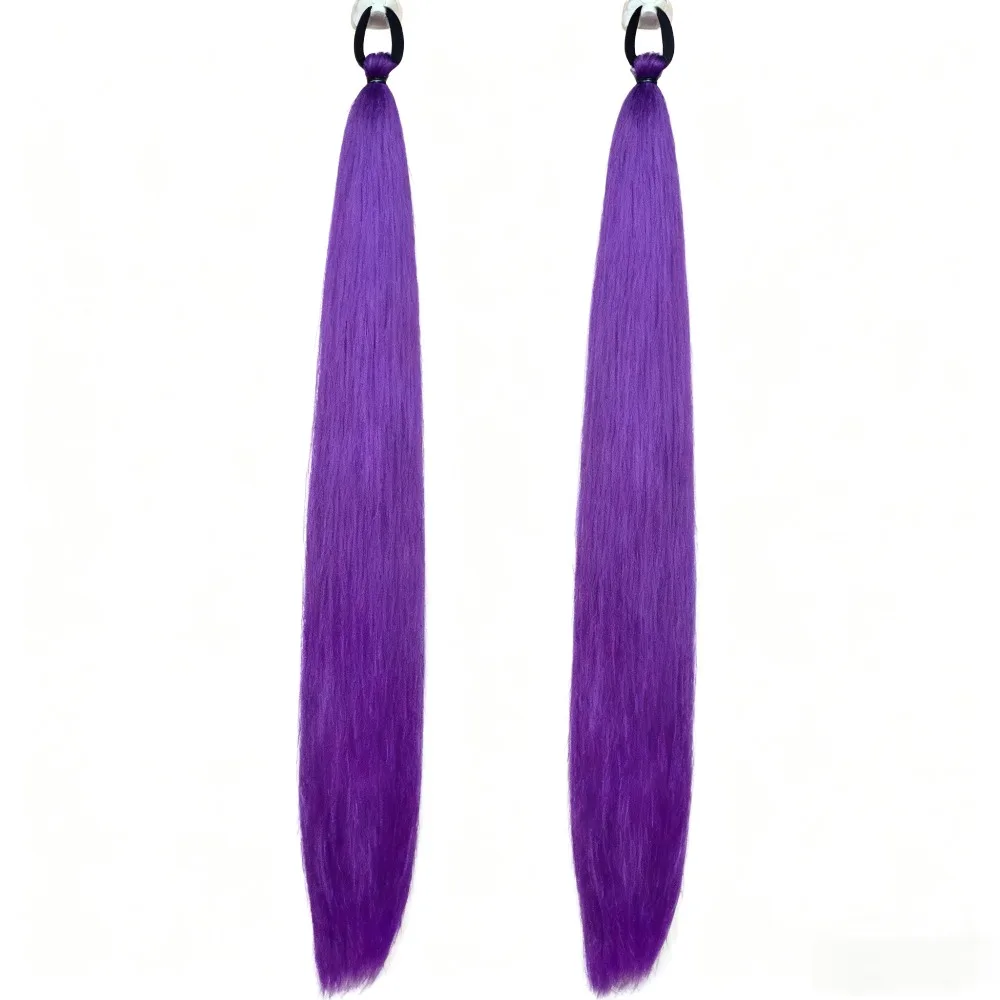 وصلة ذيل حصان صناعية مضفرة ذاتية الصنع مع شريط مطاطي مرن وردي أرجواني أزرق طويل مستقيم ذيل حصان للنساء والفتيات