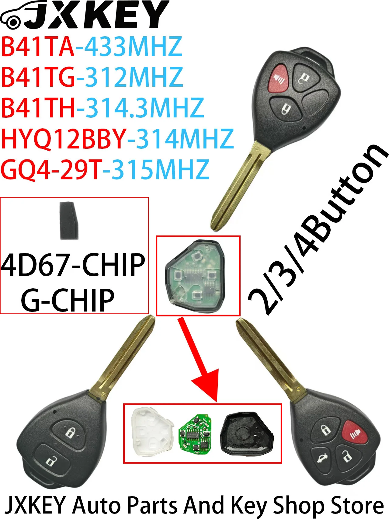 

JXKEY B41TA/TH/TG 12BBY 29T Remote Car Key For Toyota Forruner Hilux Innova Corolla RAV4 Yaris 4D67/G Chip 2/3/4Button