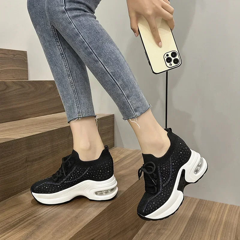 Women's Rhinestone Breathable Shoes Mesh Thick Bottom Lace Up Sneakers Lightweight Walking Trainers Zapatilla Deportiva Mujer