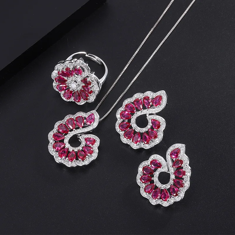 

S925 Silver Needle European and American Pigeon Blood Red Corundum Jewelry Earrings Ring Pendant Set Wholesale for Women