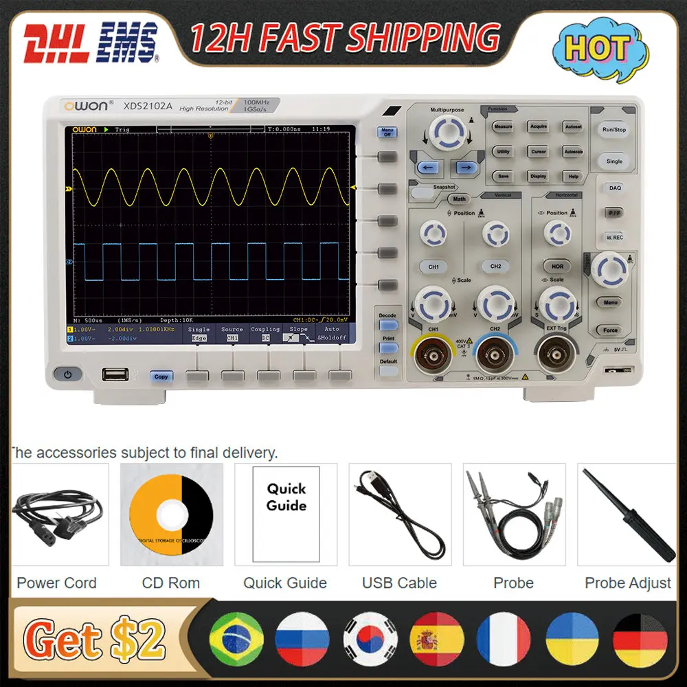 Owon XDS2102A 12 bits Osiloscopio Digital Oscilloscope 1GS/s 100MHz 2CH 20 Mpts Record Length Multimeter Oscilloscope Generator