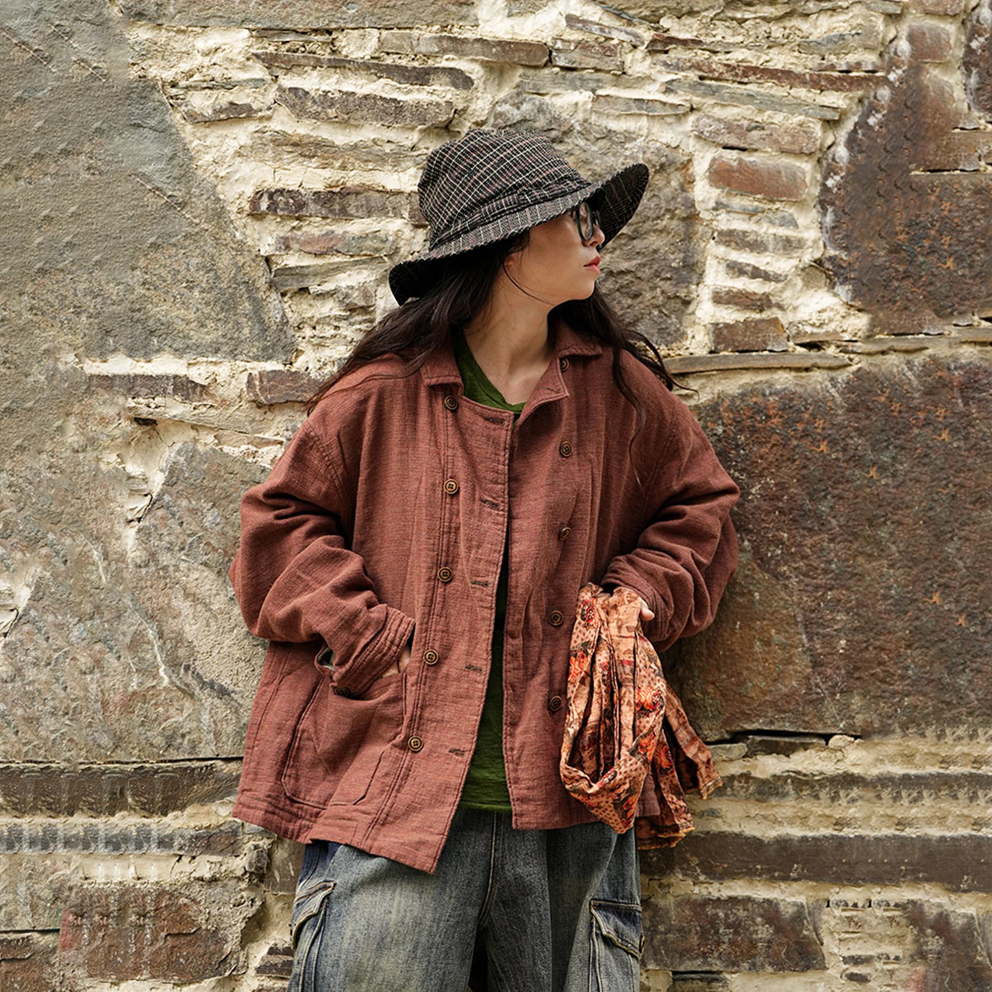 

PengPeng Home 66 Early Autumn New Linen Cotton Blend Loose Double Button ort Jaet Original Design Women's Faion