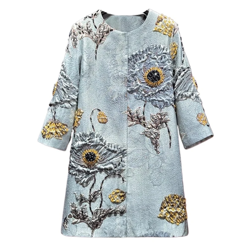 

2025 Luxury Girls Vintage Embroidery Jacket Women Floral Beading Long Coat Wide Waisted O-neck Outwear Trench 2/3 Sleeves