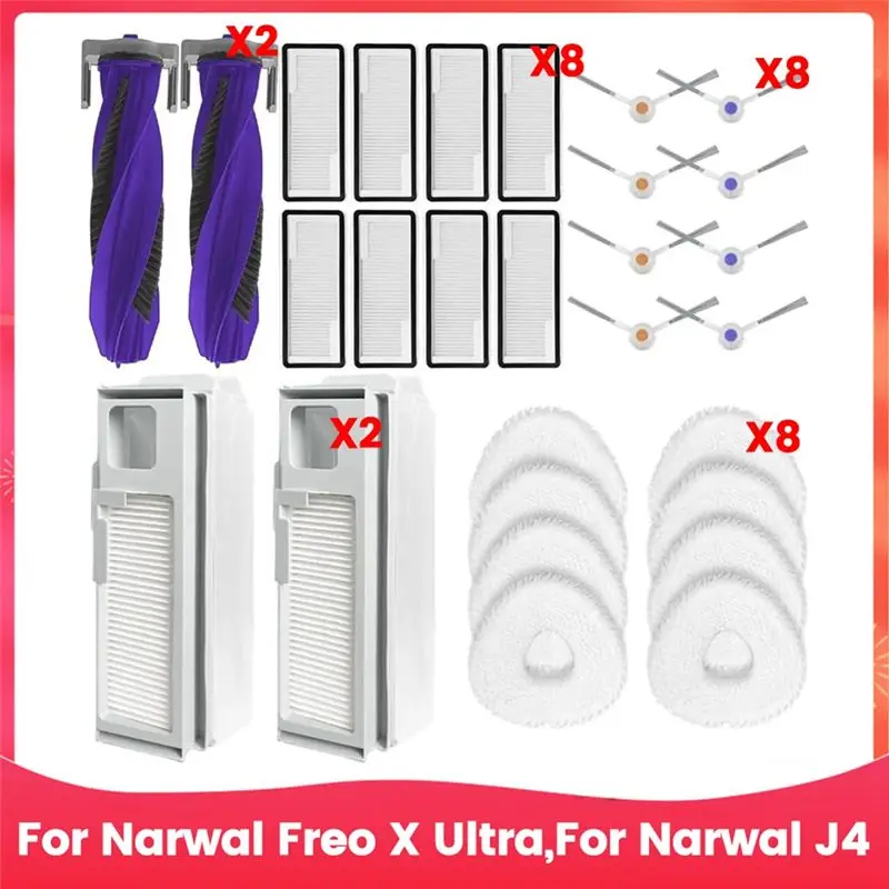 

Запчасти для робота-пылесоса Narwal Freo X Ultra / Narwal J4: основная и боковые щетки, HEPA-фильтры, салфетки для влажной уборки, аксессуары.