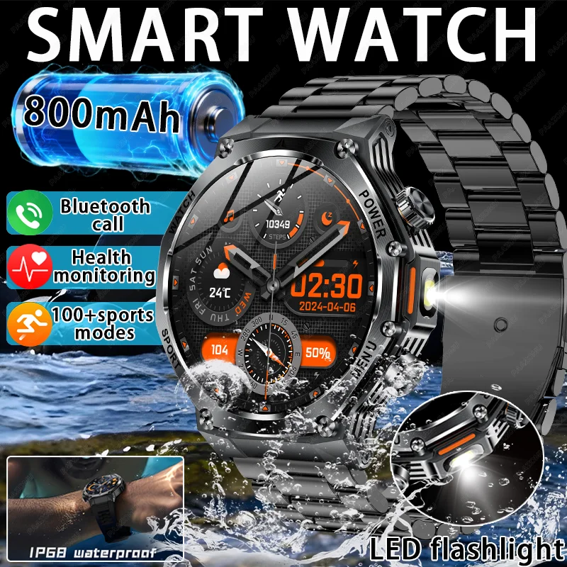 2026 New Smart Watch Men 800mAh Large Capacity Battery Outdoor LED Flashlight Bluetooth Call Waterproof Sport Fitness Smartwatch