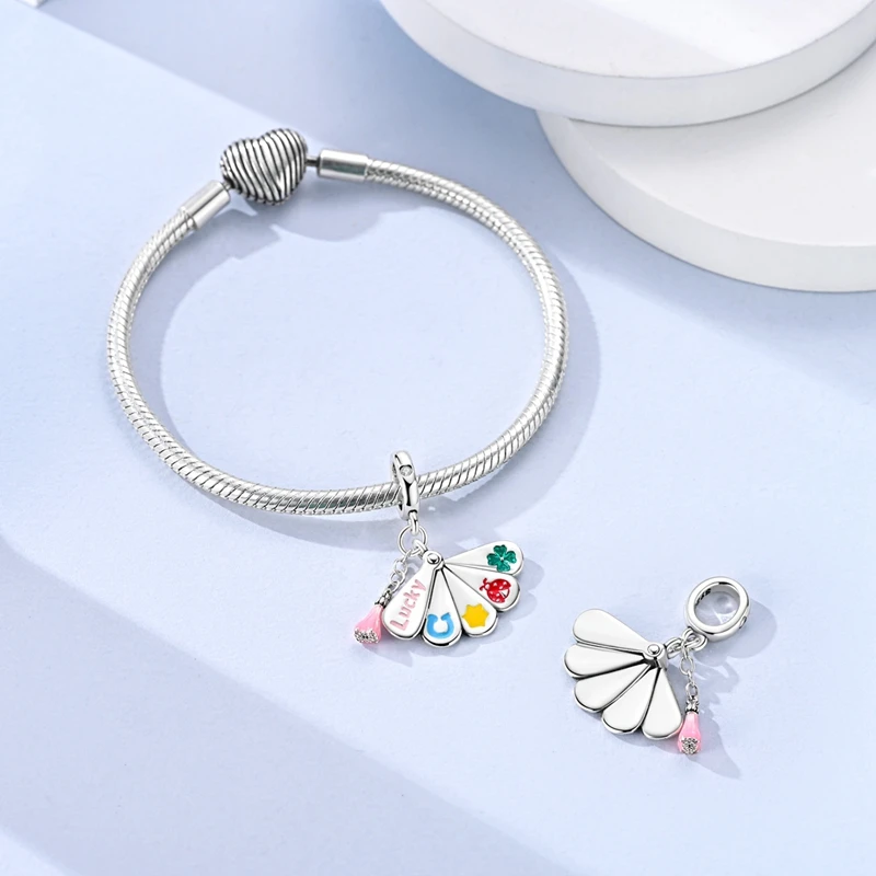 Original 925 Sterling Silver Charms Bead Lucky Fan Pendant Fit Original Bracelet Necklace For Women DIY Jewelry Gift