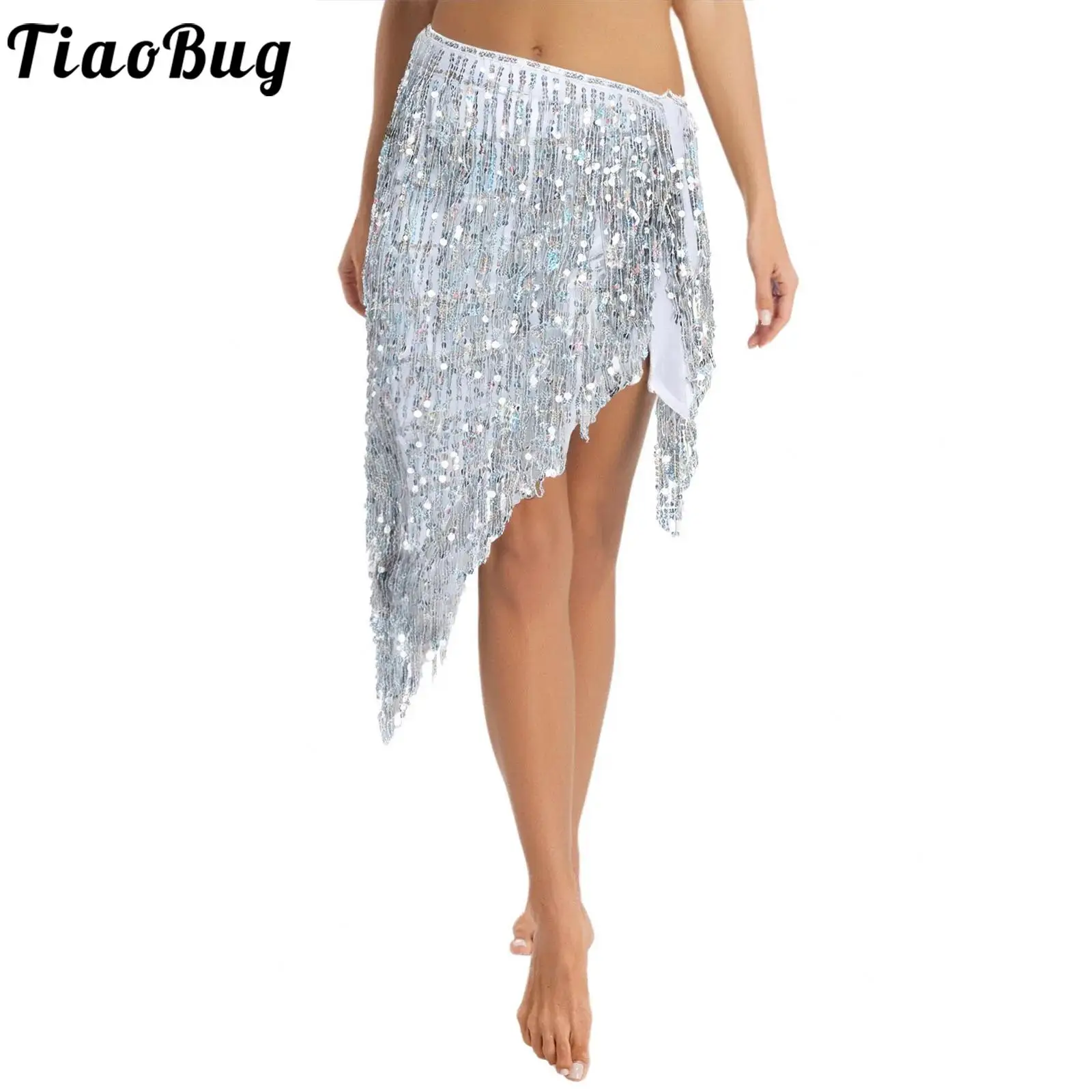 

Women Belly Dance Tassel Hip Scarf Tying One Piece Triangle Waist Chain Glittery Cover Up Skirt for Chacha Latin Dance Wear