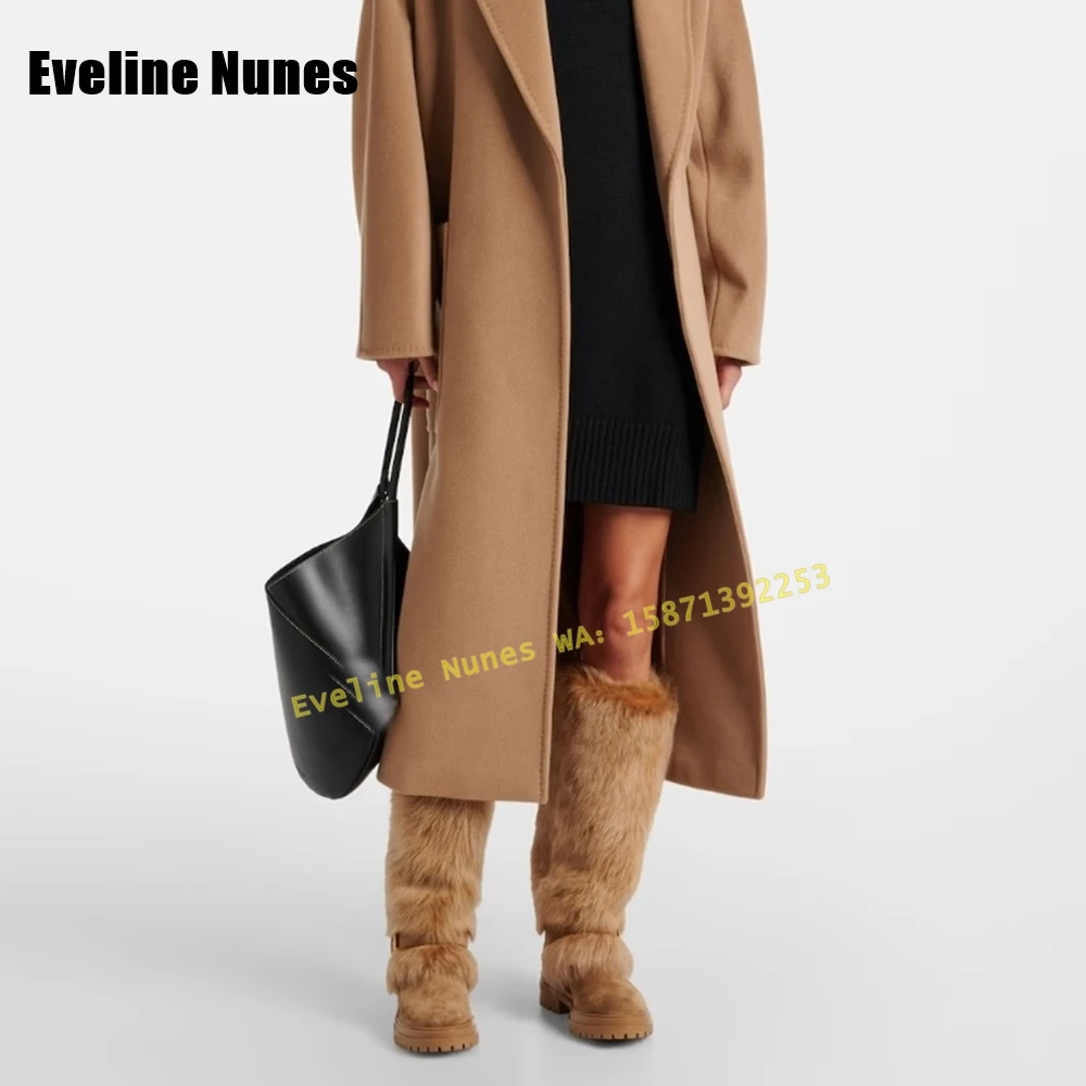 

Сапоги цвета хаки с меховым рукавом и пряжкой на ремне, женские сапоги до колена с круглым носком и квадратным каблуком в стиле пэчворк, уличный стиль, тренд зимы и осени 2023 г.